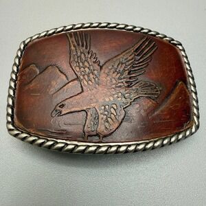 Mens Leather Inlay Eagle Belt Buckle Silver Toned Patriotic Nature Large